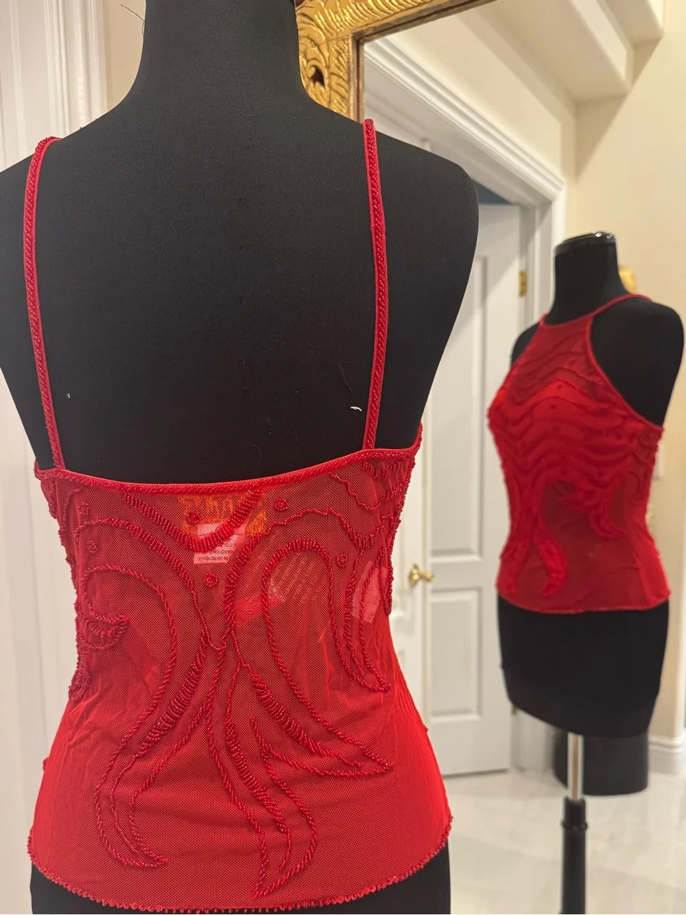 Red‎ hand Beaded Halter Sheer Camisole